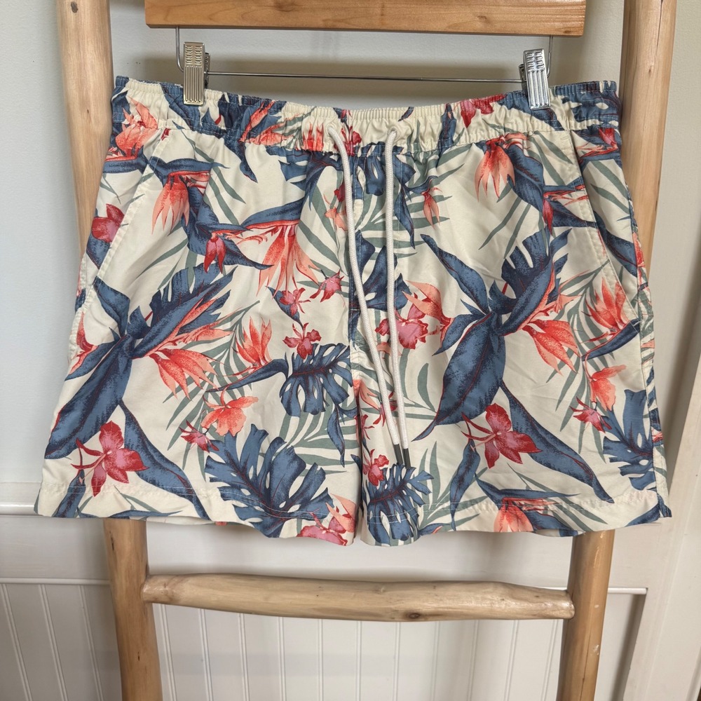 American Eagle Mens Tropical Floral Swim Trunks Blue Orange Cream Large L